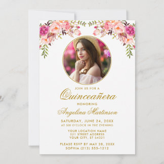Aquarellfarben Rosa Blütenrahmen Quinceanera Einladung