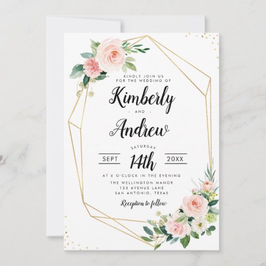 Aquarellfarben Rosa Blütenrot geometrische Hochzei Einladung (Vorderseite)