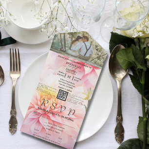 Aquarellfarben Rosa Dahlia Blumenmuster QR Foto All In One Einladung