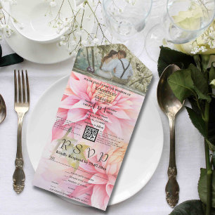 Aquarellfarben Rosa Dahlia Blumenmuster QR Foto All In One Einladung