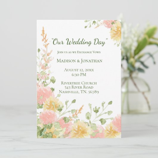 Aquarellfarben Rosa Elegantes Chic Green Script Einladung (Stehend Vorderseite)