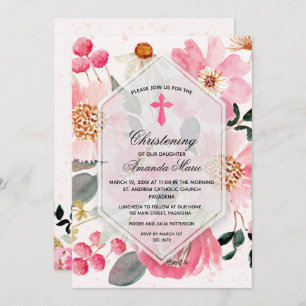 Aquarellfarben Rosa Floral Christening Einladung