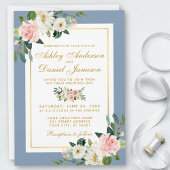 Aquarellfarben Rosa Floral Gold Dusty Blue Wedding Einladung