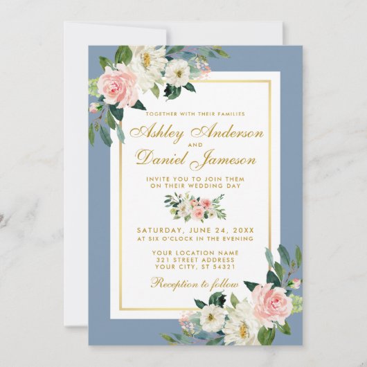 Aquarellfarben Rosa Floral Gold Dusty Blue Wedding Einladung (Vorderseite)