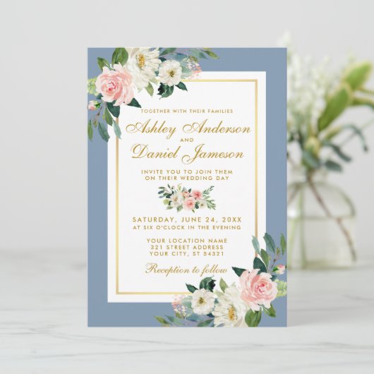 Aquarellfarben Rosa Floral Gold Dusty Blue Wedding Einladung (Stehend Vorderseite)