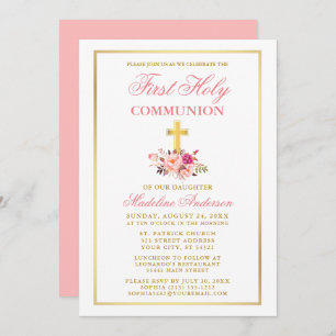 Aquarellfarben Rosa Floral Gold Erste Kommune Einladung