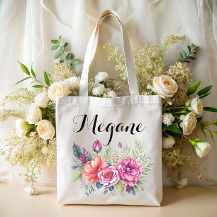 Aquarellfarben Rosa florale Monogramm Name überset Tragetasche