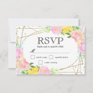 Aquarellfarben Rosa Gelbe Blüten Hochzeit RSVP Karte