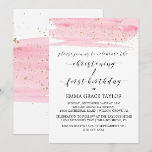 Aquarellfarben, Rosa & Gold Christening & 1. Gebur Einladung