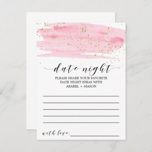 Aquarellfarben Rosa & Gold Date Night Idea Karte (Vorne/Hinten)
