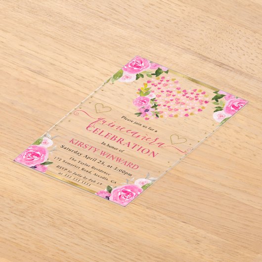 Aquarellfarben Rosa Gold Herzchen Blume Quinceaner Acryleinladungen (Ablage )