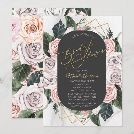 Aquarellfarben Rosa Gold Rose Brautparty Einladung (Vorne/Hinten)