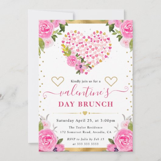 Aquarellfarben Rosa & Goldröhre Blume Valentinstag Einladung (Vorderseite)