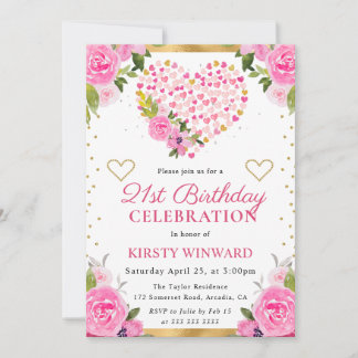 Aquarellfarben Rosa Goldröne Blume 21. Geburtstag Einladung