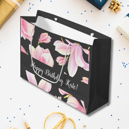 Aquarellfarben Rosa Magnolia Schwarzes Muster Große Geschenktüte
