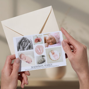 Aquarellfarben Rosa Monogramm Foto Collage Girl Bi Ankündigung