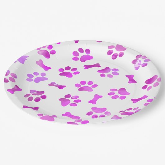 Aquarellfarben Rosa Paw Prints Pappteller (Schrägansicht)