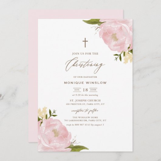 Aquarellfarben Rosa Peonies Christening Einladung (Vorne/Hinten)