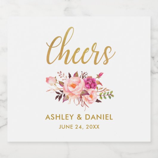 Aquarellfarben Rosa Rosa Blush Gold Wedding Cheers Bierflaschenetikett (Einzelnes Label)