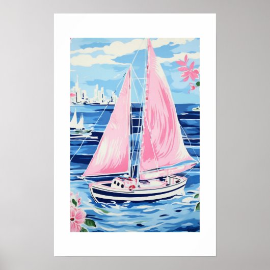Aquarellfarben rosa Sailboat Küste Blau Poster (Vorne)