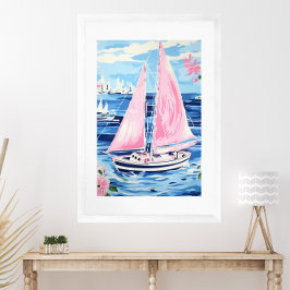 Aquarellfarben rosa Sailboat Küste Blau Poster