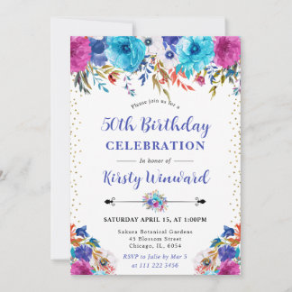 Aquarellfarben Rosa und Blau Blumen 50. Geburtstag Einladung