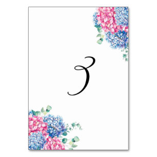 Aquarellfarben Rosa und Blaue Hydrangeas Tabelle 3 Tischnummer