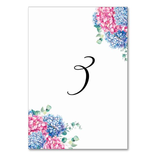 Aquarellfarben Rosa und Blaue Hydrangeas Tabelle 3 Tischnummer (Rückseite)