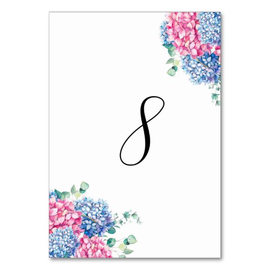 Aquarellfarben Rosa und Blaue Hydrangeas Tabelle 8 Tischnummer (Vorderseite)