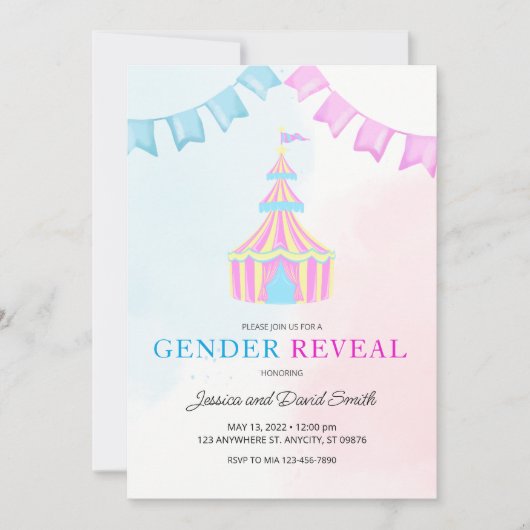 Aquarellfarben Rosa und Blauer Zirkus Zentimeteren Einladung (Vorderseite)