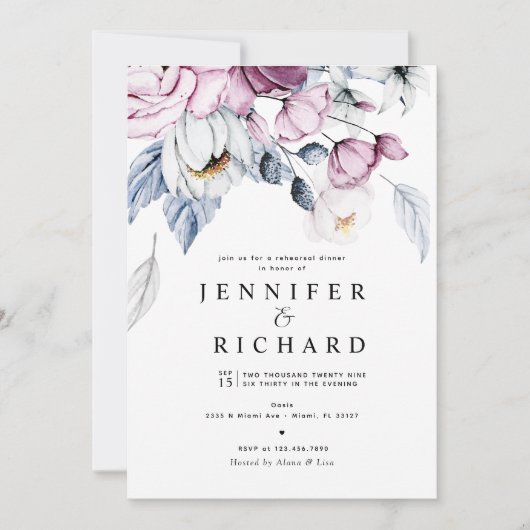 Aquarellfarben Rosa und Blumen Probe Abendessen Einladung (Vorderseite)