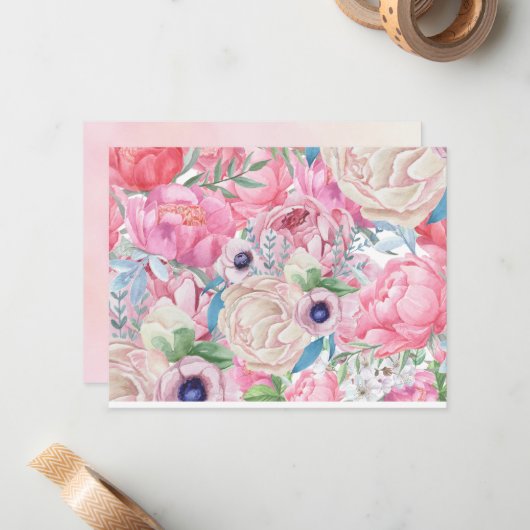 Aquarellfarben Rosa und Blush Peonys Frühjahr Somm Mitteilungskarte (Vorderseite/Rückseite Beispiel)