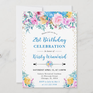 Aquarellfarben Rosa und Blüten 21. Geburtstag Einladung