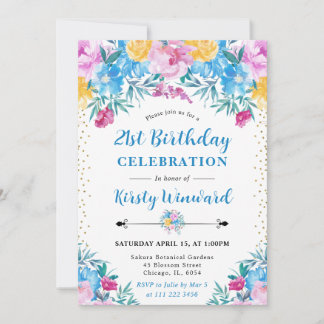 Aquarellfarben Rosa und Blüten 21. Geburtstag Einladung
