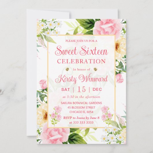 Aquarellfarben Rosa und Gelbe Blumen 16 . Geburtst Einladung (Vorderseite)