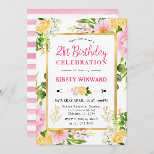Aquarellfarben Rosa und Gelbe Blumen Geburtstag Einladung