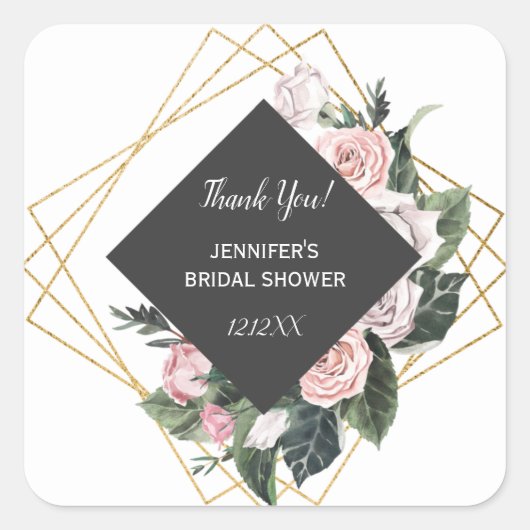 Aquarellfarben Rosa und Gold Floral Quadratischer Aufkleber (Vorderseite)