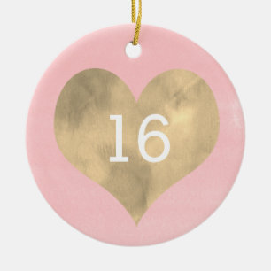 Aquarellfarben Rosa und goldenes Herz 16. Geburtst Keramik Ornament