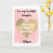 Aquarellfarben Rosa und Goldenes Herz 19. Geburtst Karte (Gelbe Blume)