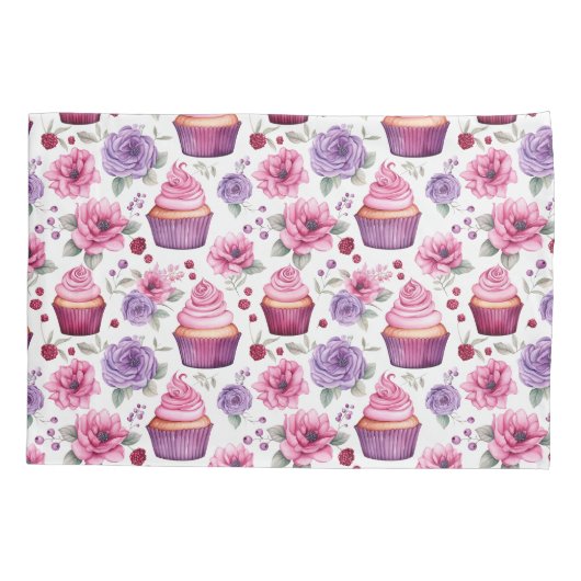 Aquarellfarben, rosa und Lila Cupcakes und Blume Kissenbezug (Rückseite)