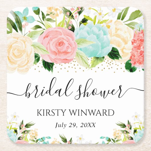 Aquarellfarben Rosa und Minze Blume Brautparty Rechteckiger Pappuntersetzer (Vorderseite)