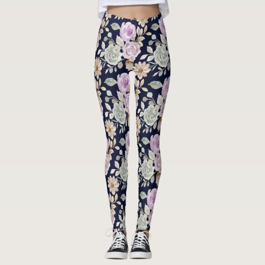Aquarellfarben Rosa und Minzgrün Rose Floral Boho Leggings (Vorderseite)