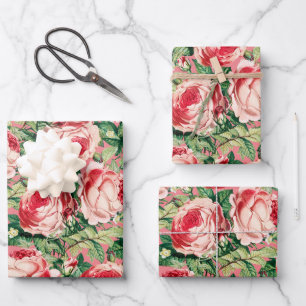 Aquarellfarben, Rosa und Rote Rose Blume & Grüne B Geschenkpapier Set