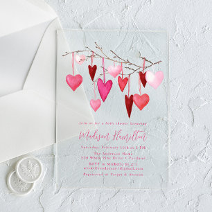 Aquarellfarben Rosa und Rotes Herz Zweige Babydusc Acryleinladungen