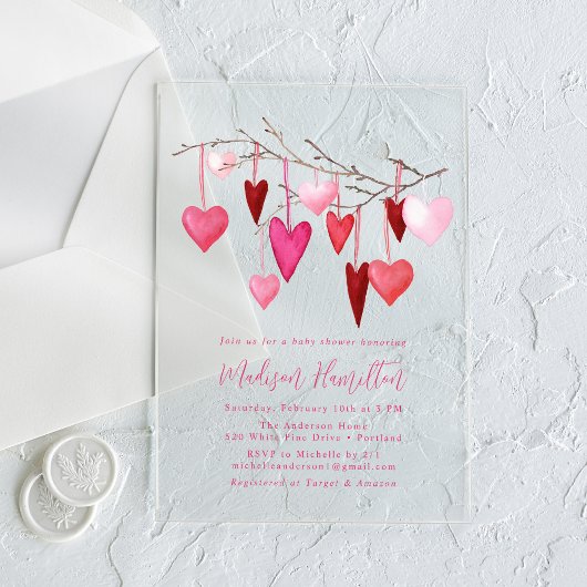 Aquarellfarben Rosa und Rotes Herz Zweige Babydusc Acryleinladungen