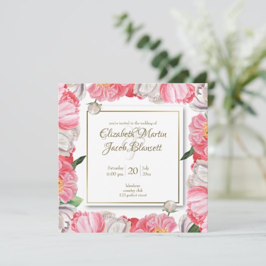 Aquarellfarben Rosa und Weiße Zinnblüten Hochzeits Einladung (Stehend Vorderseite)