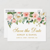 Aquarellfarben Rosa Weißes Blumengold Save the Dat Ankündigungspostkarte (Vorne/Hinten)