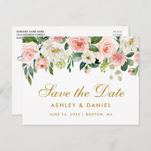 Aquarellfarben Rosa Weißes Blumengold Save the Dat Ankündigungspostkarte (Vorne/Hinten)