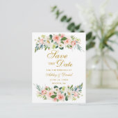 Aquarellfarben Rosa Weißes Blumengold Save the Dat Ankündigungspostkarte (Stehend Vorderseite)