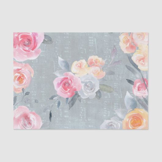 Aquarellfarben-Rose auf blauen, alten Musikblattte Seidenpapier (Vorderseite)